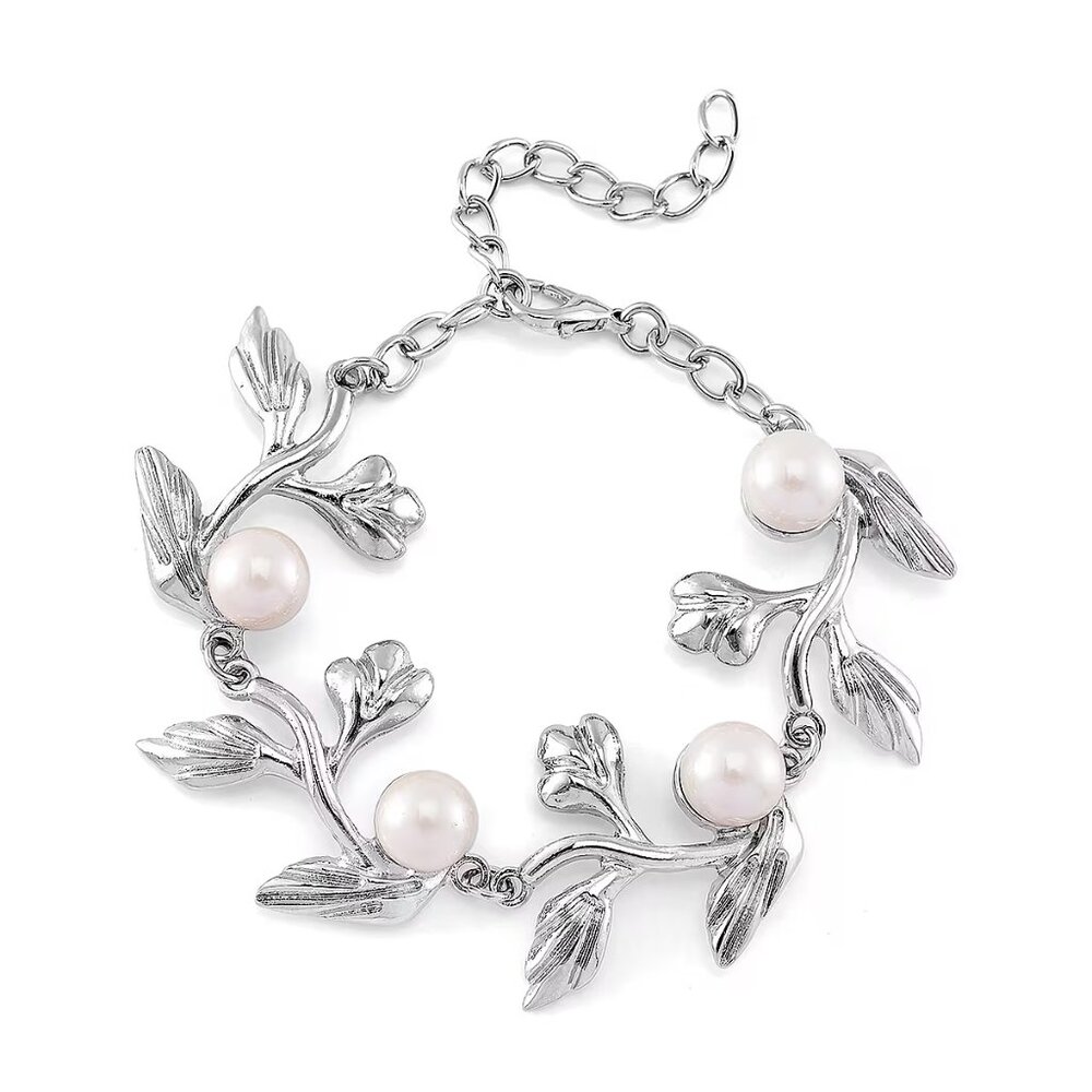 Women's White Shell Pearl Bracelet with Leaf Design in Silvertone